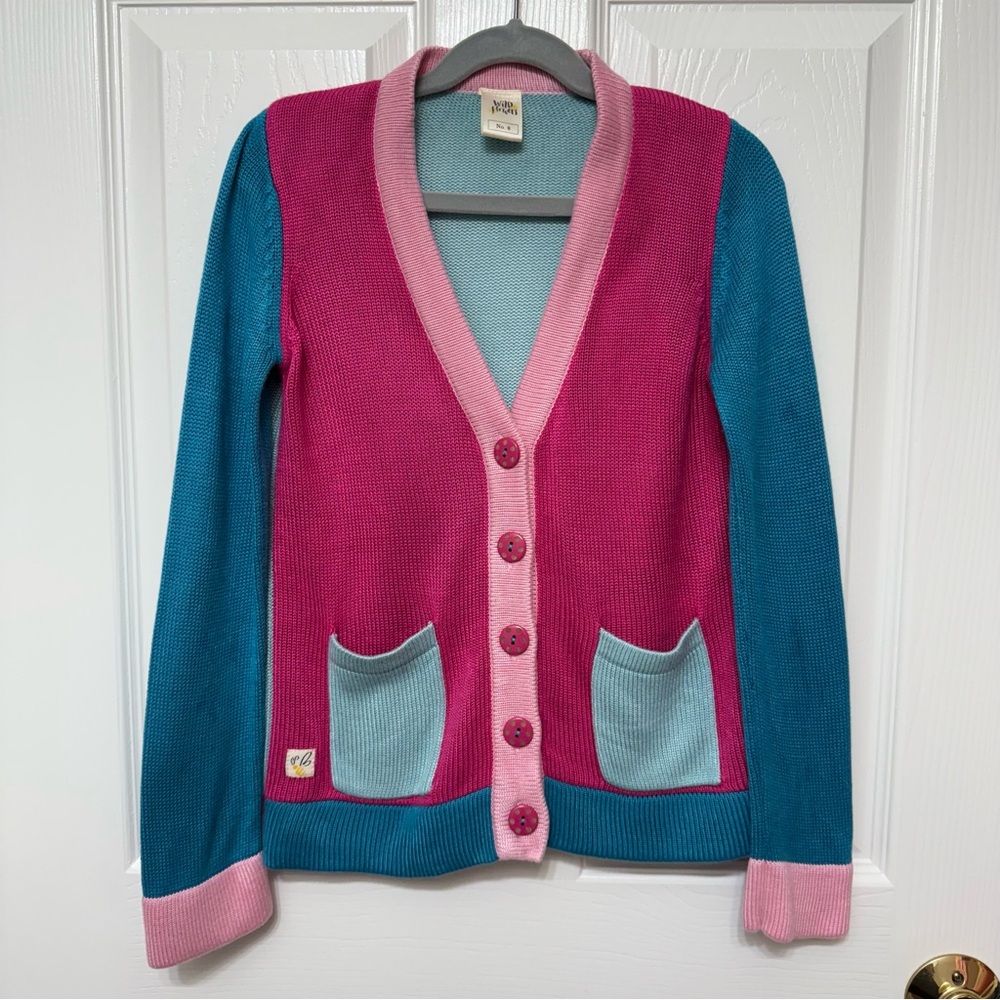 Rare Sz 8 Wildflowers Colorblock sweater teal and fuchsia cardigan HTF pockets